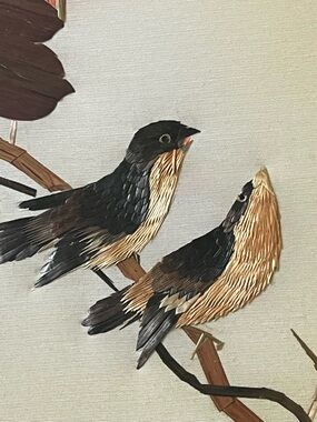 Vintage Chinese Folk Art Wheat Stalk Robin Flower Branches Scene Stamped Framed